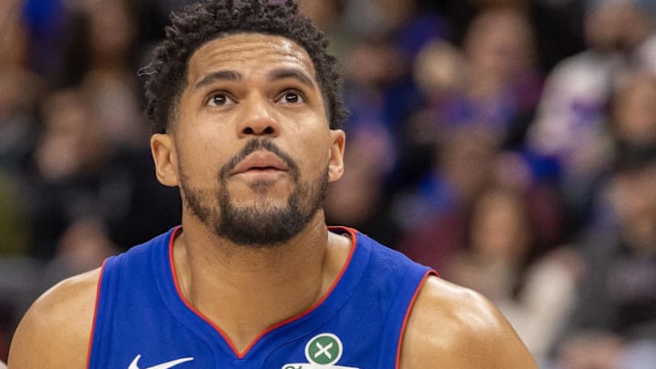 Jan 25, 2026; Detroit, Michigan, USA; Detroit Pistons forward Tobias Harris (12) watches the ball during the first half against the Sacramento Kings at Little Caesars Arena.