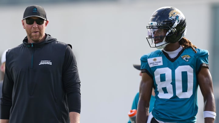 Jul 25, 2025; Jacksonville, FL, USA; Jacksonville Jaguars head coach Liam Coen leads training camp at Miller Electric Center. Mandatory Credit: Nathan Ray Seebeck-Imagn Images