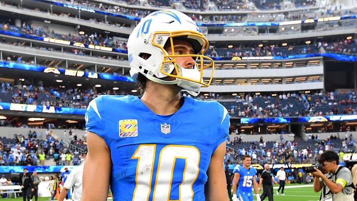 Oct 5, 2025; Inglewood, California, USA; Los Angeles Chargers quarterback Justin Herbert (10) reacts after the game against the Washington Commanders at SoFi Stadium. Mandatory Credit: Gary A. Vasquez-Imagn Images Oct 5, 2025; Inglewood, California, USA; Los Angeles Chargers quarterback Justin Herbert (10) reacts after the game against the Washington Commanders at SoFi Stadium. Mandatory Credit: Gary A. Vasquez-Imagn Images