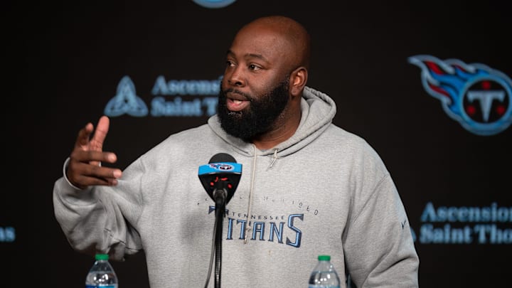 Tennessee Titans General Manager Ran Carthon fields questions at a press conference at Ascension Saint Thomas Sports Park Tuesday morning, April 2, 2024.