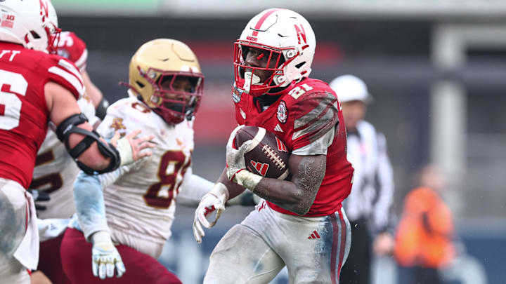 Nebraska running back Emmett Johnson carries the ball during the 2024 Pinstripe Bowl. Nebraska running back Emmett Johnson carries the ball during the 2024 Pinstripe Bowl.