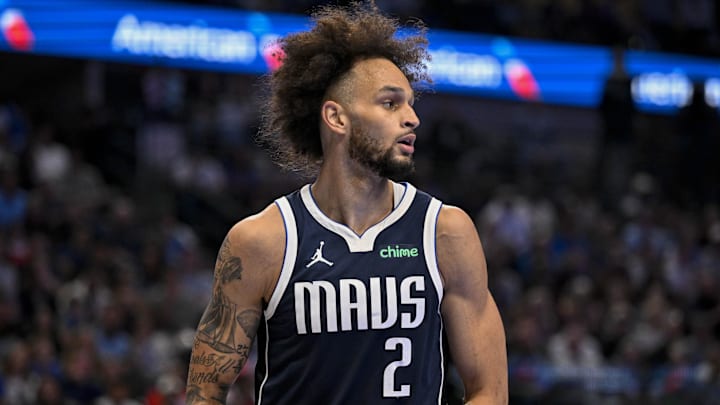 Nov 14, 2025; Dallas, Texas, USA; Dallas Mavericks center Dereck Lively II (2) looks on during an NBA Cup game between the Mavericks and the Clippers at the American Airlines Center. Mandatory Credit: Jerome Miron-Imagn Images