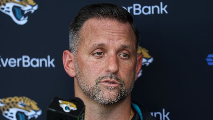 Jul 24, 2025; Jacksonville, FL, USA; Jacksonville Jaguars defensive coordinator Anthony Campanile talks to media during training camp at Miller Electric Center. Mandatory Credit: Nathan Ray Seebeck-Imagn Images