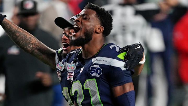 Feb 8, 2026; Santa Clara, CA, USA; Seattle Seahawks cornerback Devon Witherspoon (21) celebrates after a play during the fourth quarter against the New England Patriots in Super Bowl LX at Levi's Stadium. Mandatory Credit: Cary Edmondson-Imagn Images