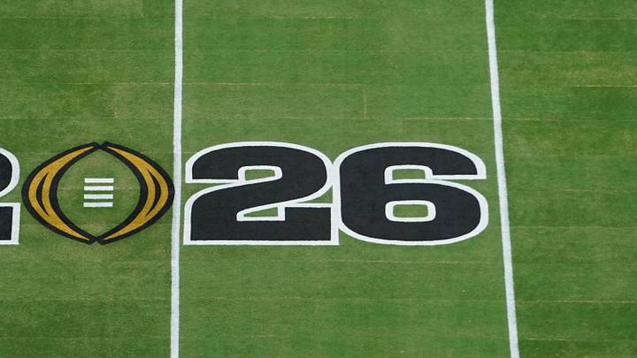 Jan 19, 2026; Miami Gardens, FL, USA; A general view of a 2026 logo before the CFP National Championship college football game between the Indiana Hoosiers and the Miami Hurricanes at Hard Rock Stadium. Mandatory Credit: James Lang-Imagn Images