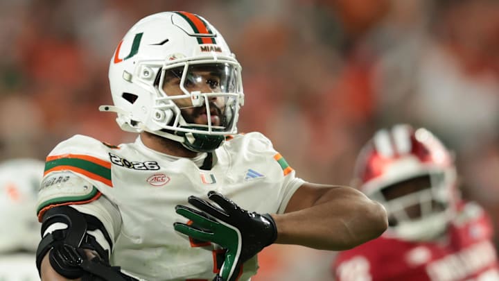 Jan 19, 2026; Miami Gardens, FL, USA; Miami Hurricanes defensive lineman Akheem Mesidor (3) celebrates after a sack against the Indiana Hoosiers in the third quarter during the College Football Playoff National Championship game at Hard Rock Stadium. Mandatory Credit: Sam Navarro-Imagn Images