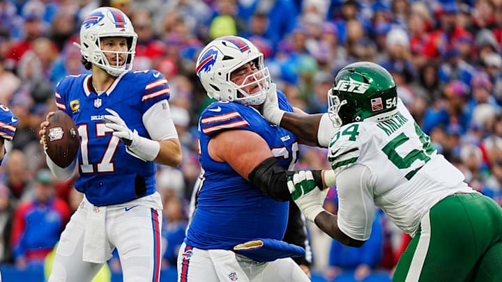 Buffalo's Connor McGovern provides protection for Bills quarterback Josh Allen against the Jets.