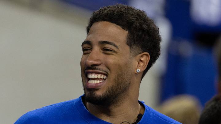 Sep 13, 2026; Indianapolis, Indiana, USA;  Indiana Pacers player Tyrese Haliburton looks on before the game between Ravens and Colts at Lucas Oil Stadium.  Mandatory Credit: Trevor Ruszkowski-Imagn Images