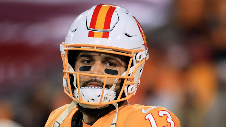 Dec 11, 2025; Tampa, Florida, USA; Tampa Bay Buccaneers wide receiver Mike Evans (13) looks on during warmups before the game against the Atlanta Falcons at Raymond James Stadium. Mandatory Credit: Kim Klement Neitzel-Imagn Images