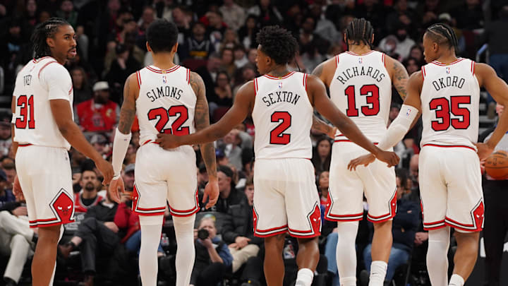 Feb 7, 2026; Chicago, Illinois, USA; Chicago Bulls guard Jaden Ivey (31) guard Anfernee Simons (22) guard Collin Sexton (2) center Nick Richards (13) and forward Isaac Okoro (35) on the court during the second half against the Denver Nuggets. All five players weren’t 0n the team at the start of the season at United Center. Mandatory Credit: David Banks-Imagn Images Feb 7, 2026; Chicago, Illinois, USA; Chicago Bulls guard Jaden Ivey (31) guard Anfernee Simons (22) guard Collin Sexton (2) center Nick Richards (13) and forward Isaac Okoro (35) on the court during the second half against the Denver Nuggets. All five players weren’t 0n the team at the start of the season at United Center. Mandatory Credit: David Banks-Imagn Images