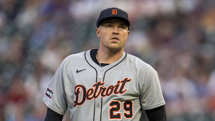 Aug 14, 2025; Minneapolis, Minnesota, USA; Detroit Tigers starting pitcher Tarik Skubal (29) reacts after giving up a hit against the Minnesota Twins in the fourth inning at Target Field. Mandatory Credit: Jesse Johnson-Imagn Images