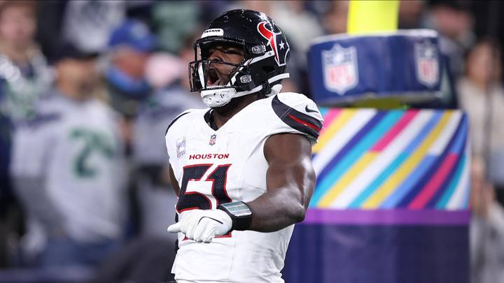 Oct 20, 2025; Seattle, Washington, USA; Houston Texans defensive end Will Anderson Jr. (51) celebrates a fumble recovery in the end zone for a touchdown during the third quarter against the Seattle Seahawks at Lumen Field. Mandatory Credit: Kevin Ng-Imagn Images