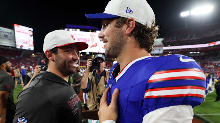 Aug 23, 2025; Tampa, Florida, USA; Buffalo Bills quarterback Josh Allen (17) greets Tampa Bay Buccaneers quarterback Baker Mayfield (6) Mandatory Credit: Nathan Ray Seebeck-Imagn Images