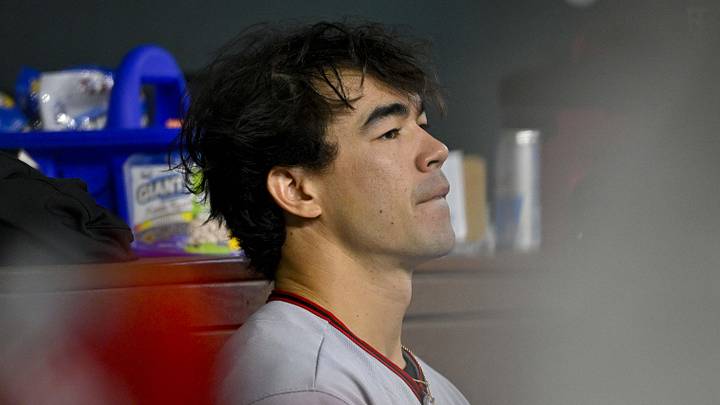 Jun 7, 2026; Arlington, Texas, USA; Cleveland Guardians starting pitcher Joey Cantillo (54) looks on from the dugout during the third inning against the Texas Rangers at Globe Life Field. Mandatory Credit: Jerome Miron-Imagn Images