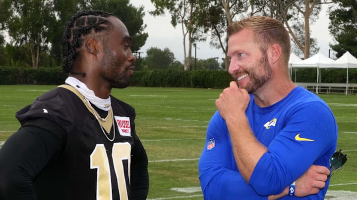 Aug 14, 2025; Carson, CA, USA; New Orleans Saints wide receiver Brandin Cooks (10) talks with Los Angeles Rams coach Sean McVay during a joint practice at the Dignity Health Sports Park. Mandatory Credit: Kirby Lee-Imagn Images