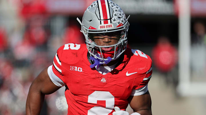 Ohio State Buckeyes safety Caleb Downs runs against the Rutgers Scarlet Knights.