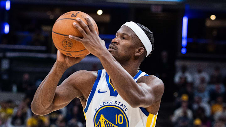 Nov 1, 2025; Indianapolis, Indiana, USA; Golden State Warriors forward Jimmy Butler III (10) shoots the ball in the first half against the Indiana Pacers at Gainbridge Fieldhouse. Mandatory Credit: Trevor Ruszkowski-Imagn Images Nov 1, 2025; Indianapolis, Indiana, USA; Golden State Warriors forward Jimmy Butler III (10) shoots the ball in the first half against the Indiana Pacers at Gainbridge Fieldhouse. Mandatory Credit: Trevor Ruszkowski-Imagn Images