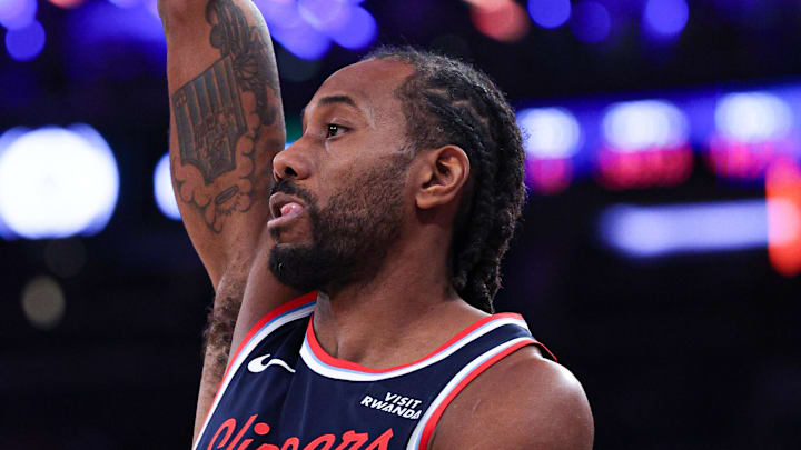 Jan 7, 2026; New York, New York, USA; LA Clippers forward Kawhi Leonard (2) looks up after  shot during the first half against the New York Knicks at Madison Square Garden. Mandatory Credit: Vincent Carchietta-Imagn Images