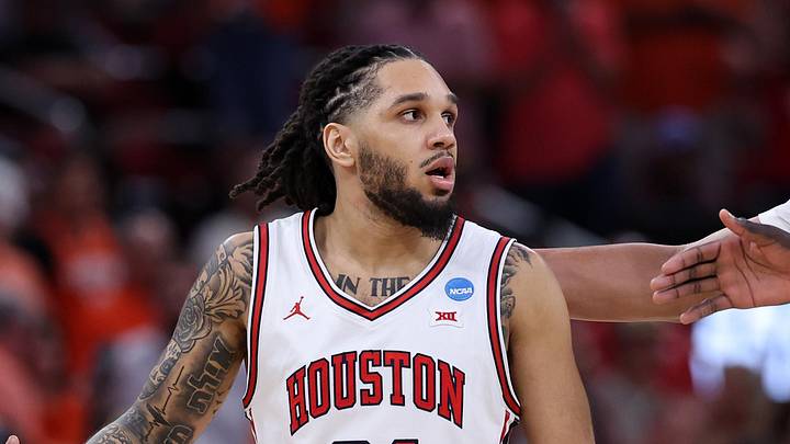 Mar 26, 2026; Houston, TX, USA;Houston Cougars guard Emanuel Sharp (21) reacts in the first half during a Sweet Sixteen game of the South Regional of the men's 2026 NCAA Tournament at Toyota Center. Mandatory Credit: Troy Taormina-Imagn Images Mar 26, 2026; Houston, TX, USA;Houston Cougars guard Emanuel Sharp (21) reacts in the first half during a Sweet Sixteen game of the South Regional of the men's 2026 NCAA Tournament at Toyota Center. Mandatory Credit: Troy Taormina-Imagn Images