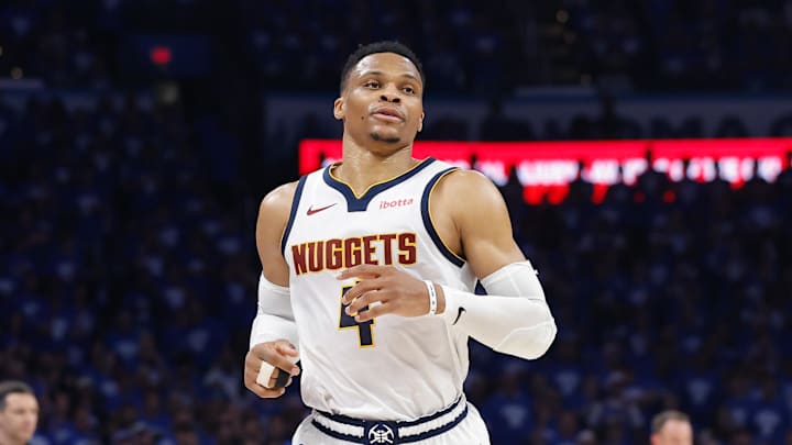May 18, 2025; Oklahoma City, Oklahoma, USA; Denver Nuggets guard Russell Westbrook (4) runs down the court against the Oklahoma City Thunder in the second quarter during game seven of the second round for the 2025 NBA Playoffs at Paycom Center. Mandatory Credit: Alonzo Adams-Imagn Images May 18, 2025; Oklahoma City, Oklahoma, USA; Denver Nuggets guard Russell Westbrook (4) runs down the court against the Oklahoma City Thunder in the second quarter during game seven of the second round for the 2025 NBA Playoffs at Paycom Center. Mandatory Credit: Alonzo Adams-Imagn Images