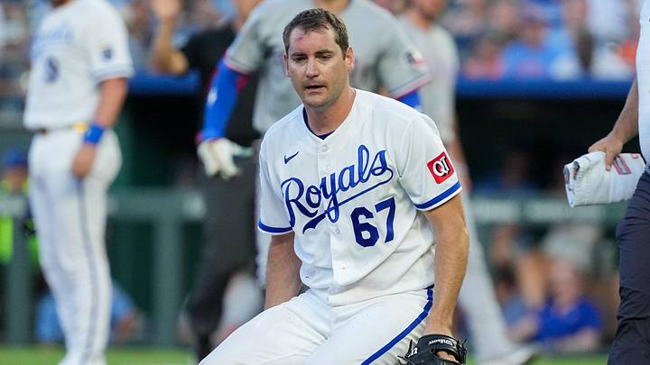 Jun 10, 2026; Kansas City, Missouri, USA; Kansas City Royals starting pitcher Seth Lugo (67) drops to the mound after being hit by a line drive from Texas Rangers right fielder Brandon Nimmo (24), not pictured, during the fourth inning at Kauffman Stadium. Mandatory Credit: Denny Medley-Imagn Images Jun 10, 2026; Kansas City, Missouri, USA; Kansas City Royals starting pitcher Seth Lugo (67) drops to the mound after being hit by a line drive from Texas Rangers right fielder Brandon Nimmo (24), not pictured, during the fourth inning at Kauffman Stadium. Mandatory Credit: Denny Medley-Imagn Images