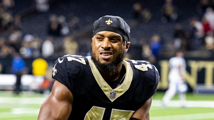 Sep 8, 2024; New Orleans, Louisiana, USA;  New Orleans Saints linebacker Khaleke Hudson (47) heads to the locker room after the game against the Carolina Panthers at Caesars Superdome. Mandatory Credit: Stephen Lew-Imagn Images