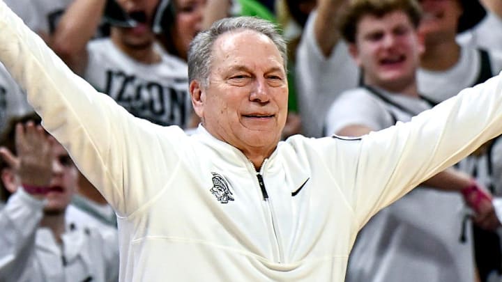 Michigan State's head coach Tom Izzo reacts after Jordan Scott scores during the second half against Michigan on Friday, Jan. 30, 2026, at the Breslin Center in East Lansing.