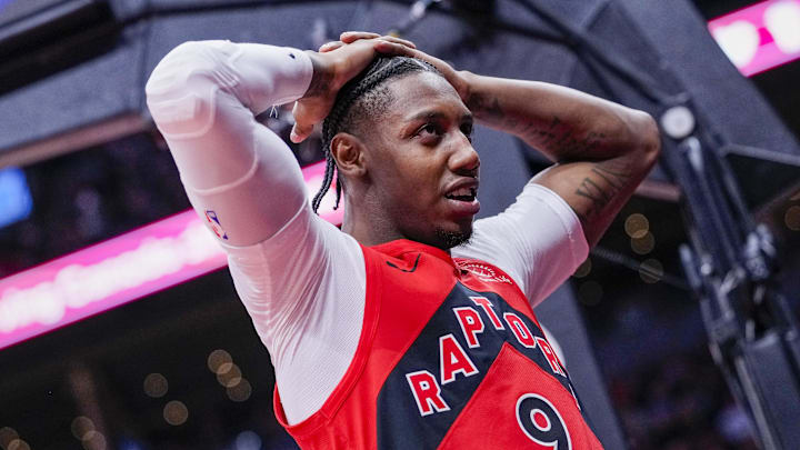 Apr 12, 2026; Toronto, Ontario, CAN; Toronto Raptors RJ Barrett (9) reacts during a NBA game against the Brooklyn Nets during the second half at Scotiabank Arena. Mandatory Credit: Kevin Sousa-Imagn Images