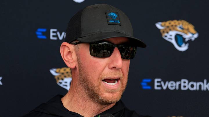 Jacksonville Jaguars head coach Liam Coen is interviewed during the first day of minicamp at the Miller Electric Center, Tuesday, June 9, 2026, in Jacksonville, Fla.