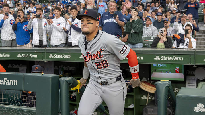 Aug 20, 2024; Chicago, Illinois, USA; Detroit Tigers shortstop Javier Baez (28) is recognized prior to his first game back to Wrigley Field before facing the Chicago Cubs.