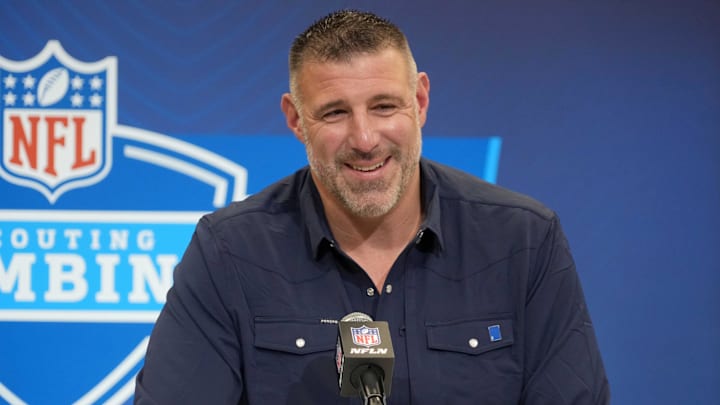 Feb 25, 2025; Indianapolis, IN, USA; New England Patriots coach Mike Vrabel speaks during the NFL Scouting Combine at the Indiana Convention Center. Mandatory Credit: Kirby Lee-Imagn Images