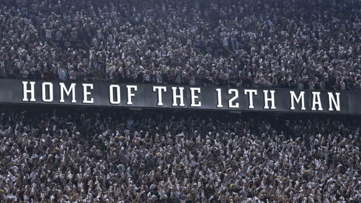 Sep 17, 2022; College Station, Texas, USA; A view of the stands and the fans and the 12th Man logo during the game between the Texas A&M Aggies and the Miami Hurricanes at Kyle Field. Sep 17, 2022; College Station, Texas, USA; A view of the stands and the fans and the 12th Man logo during the game between the Texas A&M Aggies and the Miami Hurricanes at Kyle Field.
