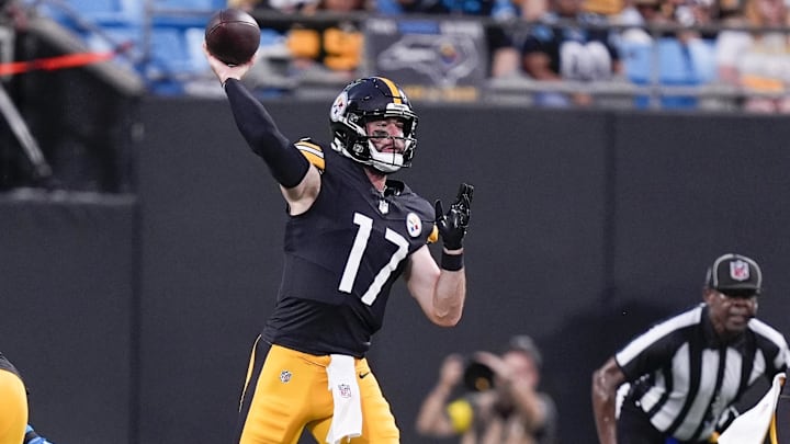 Aug 21, 2025; Charlotte, North Carolina, USA; Pittsburgh Steelers quarterback Skylar Thompson (17) throws against the Carolina Panthers  during the second quarter at Bank of America Stadium. Mandatory Credit: Jim Dedmon-Imagn Images