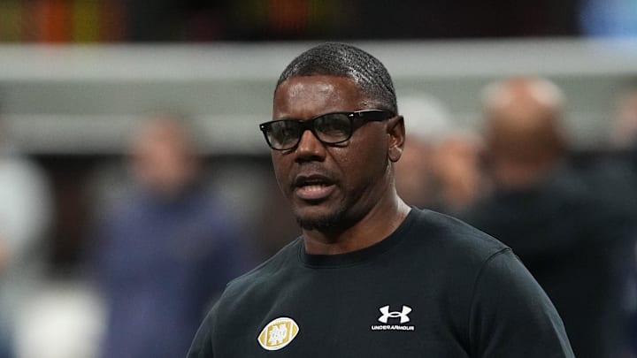 Jan 18, 2025; Atlanta, GA, USA; Notre Dame Fighting Irish running backs coach Deland McCullough during practice at Mercedes-Benz Stadium. Mandatory Credit: Kirby Lee-Imagn Images