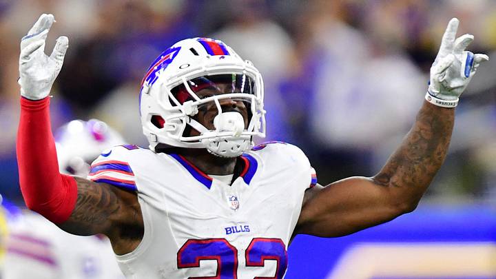 Buffalo Bills safety C.J. Gardner-Johnson reacts after a play during the second quarter against the Los Angeles Rams. Buffalo Bills safety C.J. Gardner-Johnson reacts after a play during the second quarter against the Los Angeles Rams.