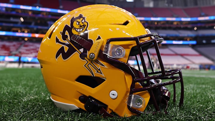 Jan 1, 2025; Atlanta, GA, USA; A detail view of an Arizona State Sun Devils helmet before the Peach Bowl at Mercedes-Benz Stadium. Mandatory Credit: Brett Davis-Imagn Images