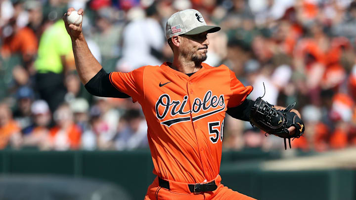 May 17, 2025; Baltimore, Maryland, USA; Baltimore Orioles pitcher Charlie Morton (50) throws during the first inning against the Washington Nationals at Oriole Park at Camden Yards.
