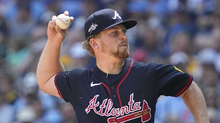 Jun 11, 2025; Milwaukee, Wisconsin, USA; Atlanta Braves pitcher Spencer Schwellenbach (56) delivers a pitch against the Milwaukee Brewers in the sixth inning at American Family Field. Mandatory Credit: Michael McLoone-Imagn Images