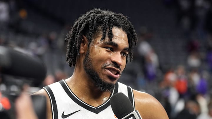 Nov 24, 2024; Sacramento, California, USA; Brooklyn Nets guard Cam Thomas (24) is interviewed after defeating the Sacramento Kings at Golden 1 Center. Mandatory Credit: Darren Yamashita-Imagn Images Nov 24, 2024; Sacramento, California, USA; Brooklyn Nets guard Cam Thomas (24) is interviewed after defeating the Sacramento Kings at Golden 1 Center. Mandatory Credit: Darren Yamashita-Imagn Images