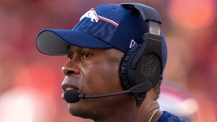 August 19, 2023; Santa Clara, California, USA; Denver Broncos defensive coordinator Vance Joseph during the second quarter against the San Francisco 49ers at Levi's Stadium. Mandatory Credit: Kyle Terada-Imagn Images