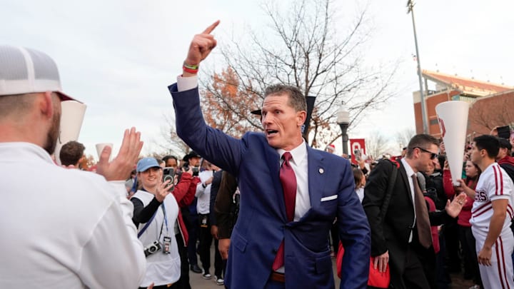 Oklahoma coach Brent Venables arrives before a first-round College Football Playoff game between the University of Oklahoma Sooners (OU) and the Alabama Crimson Tide at Gaylord Family – Oklahoma Memorial Stadium in Norman, Okla., Friday, Dec. 19, 2025.