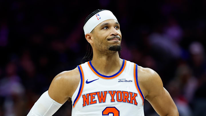 Jan 14, 2026; Sacramento, California, USA; New York Knicks guard Josh Hart (3) reacts after a play during the third quarter against the Sacramento Kings at Golden 1 Center. Mandatory Credit: Sergio Estrada-Imagn Images