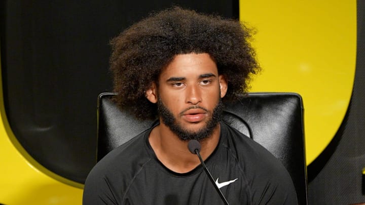Oregon quarterback Dante Moore speaks during a media availability on April 7, 2026, in Eugene, Oregon.