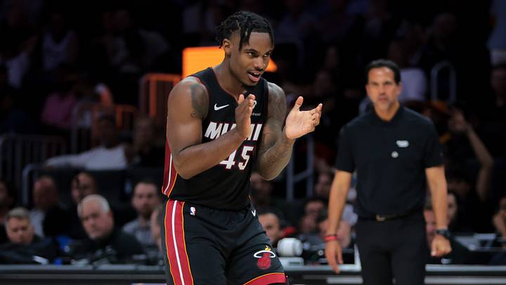 Miami Heat guard Davion Mitchell (45) reacts (Mandatory Credit: Sam Navarro-Imagn Images)