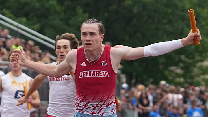 Arrowhead's Ryan Heiman crosses the line to win the Division 1 boys 4x200-meter relay with a state record time of 1:25.88 during the WIAA State Track and Field meet on Saturday, June 7, 2025 at Veterans Memorial Field in La Crosse, Wis.