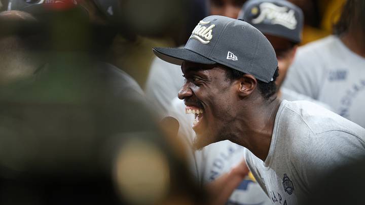 May 31, 2025; Indianapolis, Indiana, USA; Indiana Pacers forward Pascal Siakam (43) reacts after receiving the Larry Bird MVP Trophy after game six of the eastern conference finals against the New York Knicks for the 2025 NBA Playoffs at Gainbridge Fieldhouse. Mandatory Credit: Trevor Ruszkowski-Imagn Images
