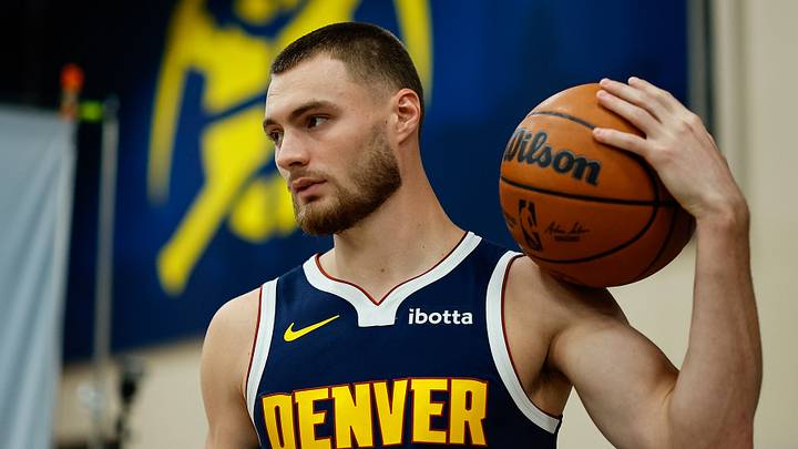 Sep 28, 2026; Denver, CO, USA; Denver Nuggets guard Christian Braun (0) during media day at Ball Arena. Mandatory Credit: Isaiah J. Downing-Imagn Images