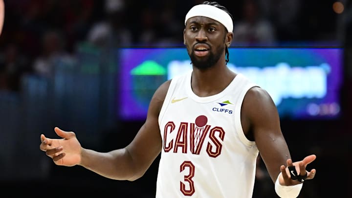 Oct 25, 2024; Cleveland, Ohio, USA; Cleveland Cavaliers guard Caris LeVert (3) reacts to referee Ed Malloy (14) after receiving a technical foul during the second half against the Detroit Pistons at Rocket Mortgage FieldHouse. Mandatory Credit: Ken Blaze-Imagn Images