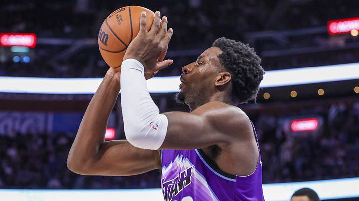 Feb 7, 2026; Orlando, Florida, USA; Utah Jazz center Jaren Jackson Jr. (20) shoots during the second half against the Orlando Magic at Kia Center. Mandatory Credit: Mike Watters-Imagn Images