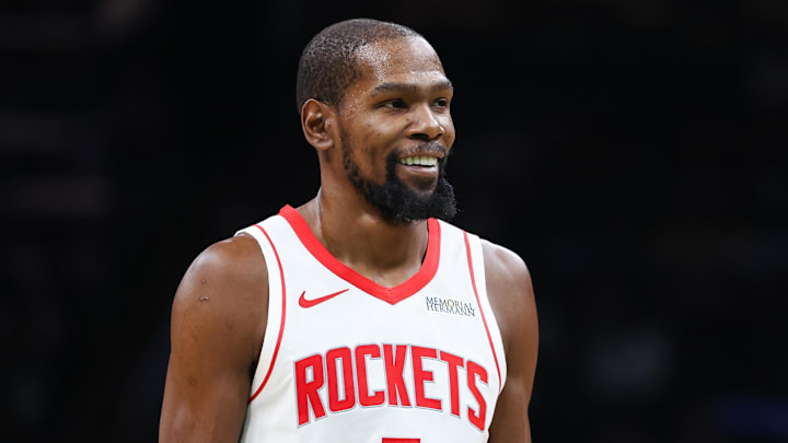 Nov 1, 2025; Boston, Massachusetts, USA; Houston Rockets forward Kevin Durant (7) looks on during the second half against the Boston Celtics at TD Garden. Mandatory Credit: Paul Rutherford-Imagn Images